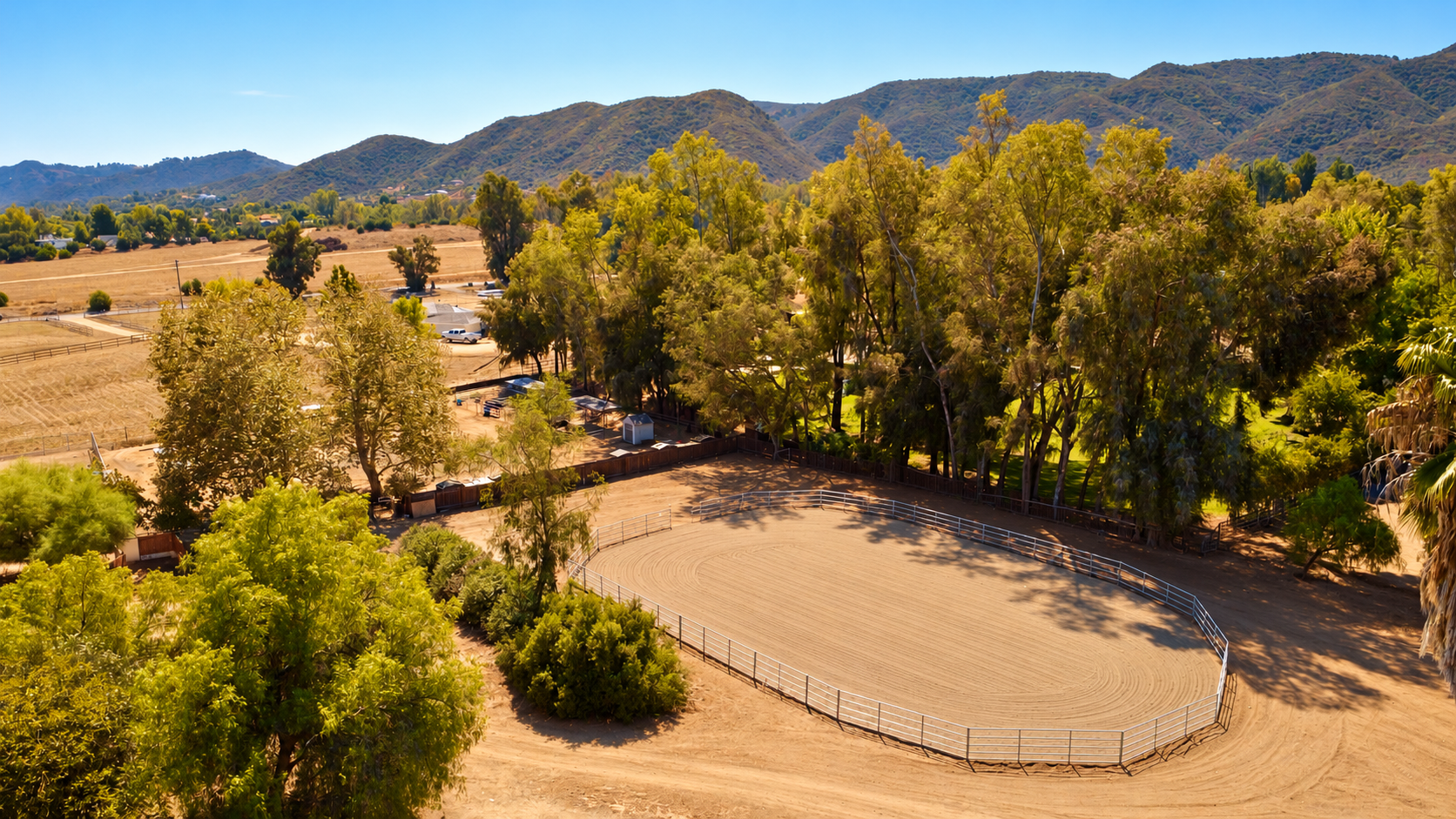 Aerial view of the arena and trees at Silver Star Ranch